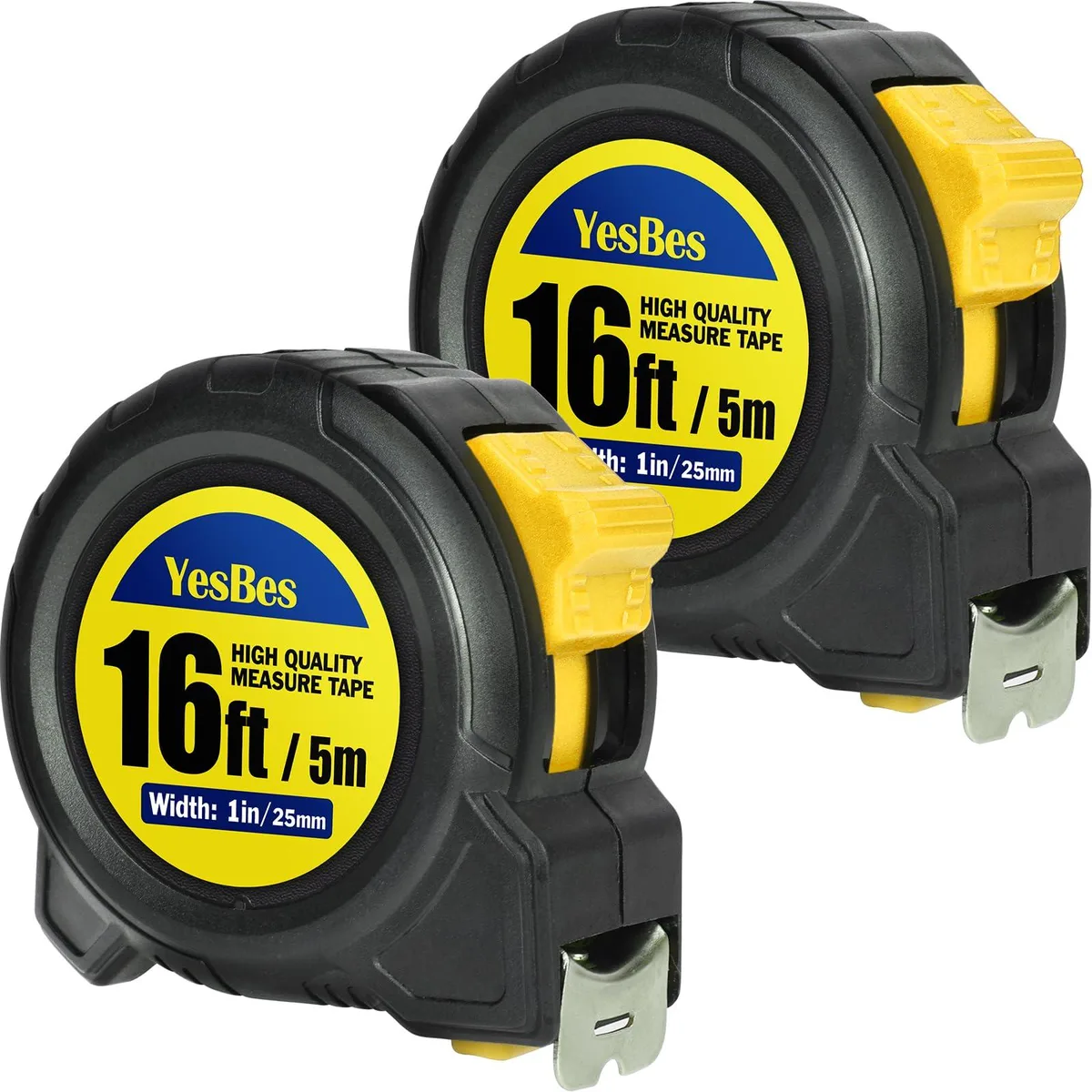 Two yellow 16 ft tape measures with black markings and ABS rubber cases