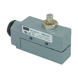 Small rectangular switch with top plunger actuator, grey enclosure, screw terminals visible