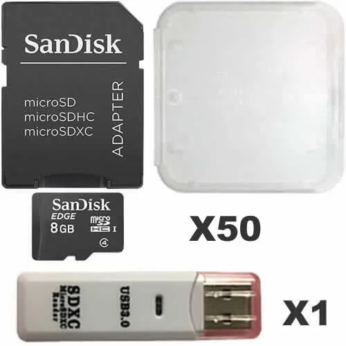 SanDisk SanDisk 8GB microSDHC Class 4 UHS-I 50 pack with SD adapters, cases, reader — product photo