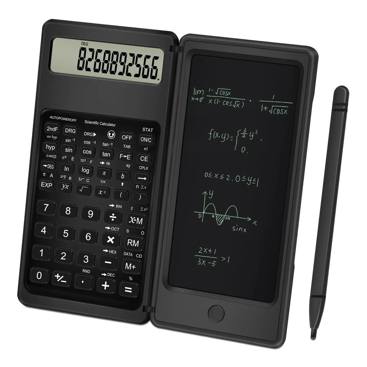 White foldable scientific calculator with 10-digit LCD display and attached erasable writing tablet, plastic stylus stored on back