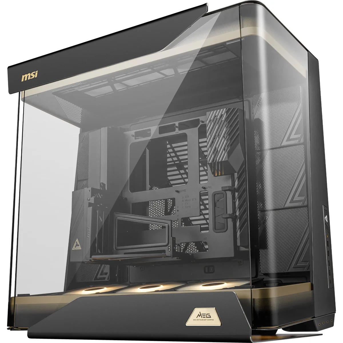 Large black full-tower PC case with triple-sided tempered glass panels showing internal components