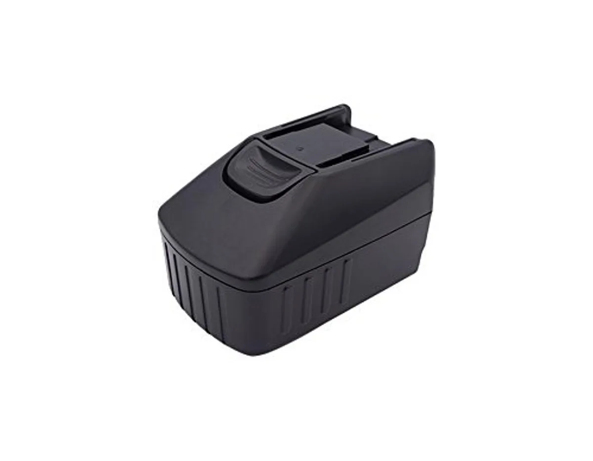 Rectangular 18V lithium-ion power tool battery, dark casing, contacts on one end