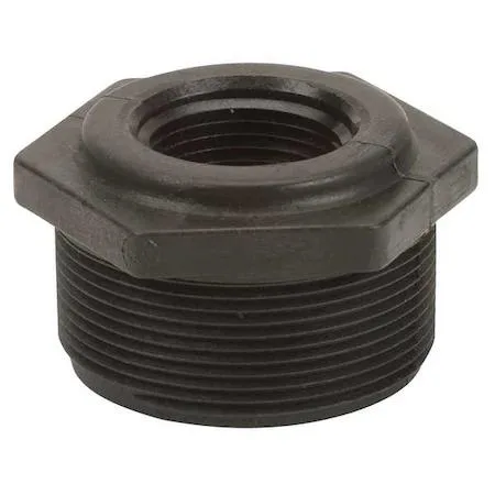 Black Schedule 80 polypropylene reducing bushing with 2 inch male and 1 inch female NPT threads