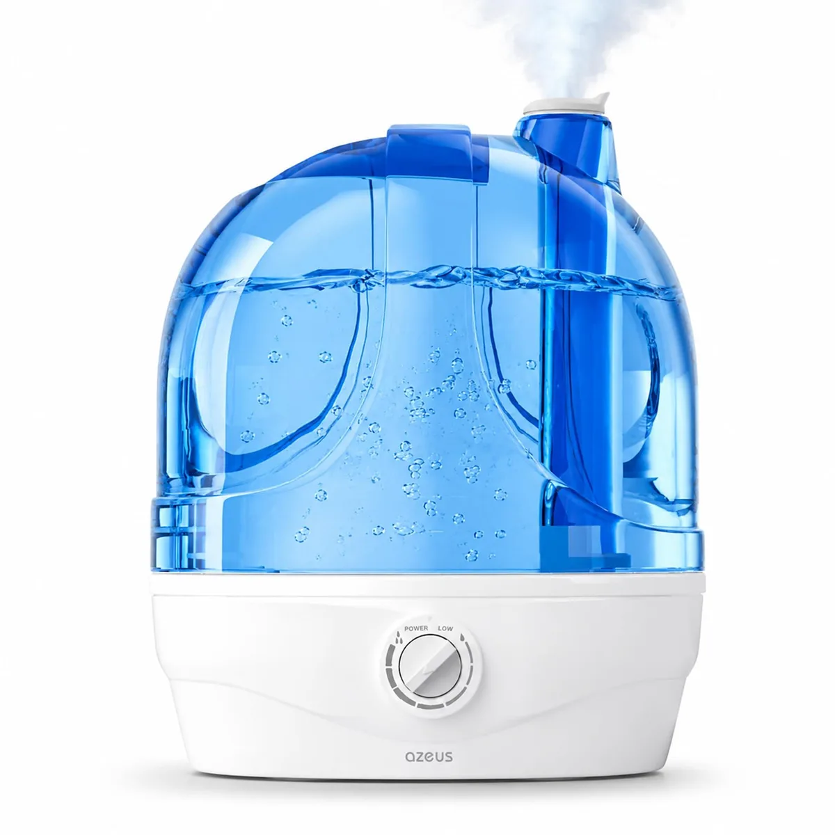 Light blue rectangular humidifier, 7.8 by 7.8 by 11.2 inches, 2.8 litre tank, touch controls, 360-degree dual nozzles