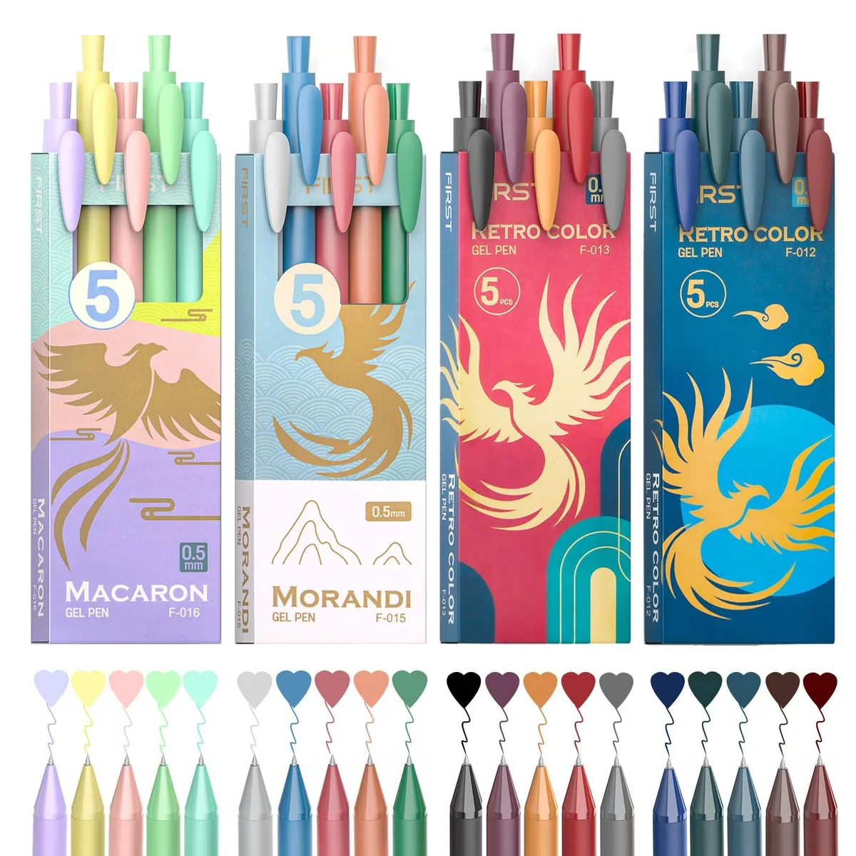 Twenty retractable gel pens in assorted colours, plastic barrels matching ink, fine .5 mm tips