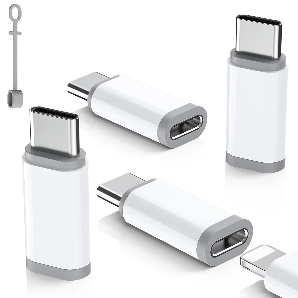 Four white Lightning to USB C adapters with aluminium bodies and silicone sleeves