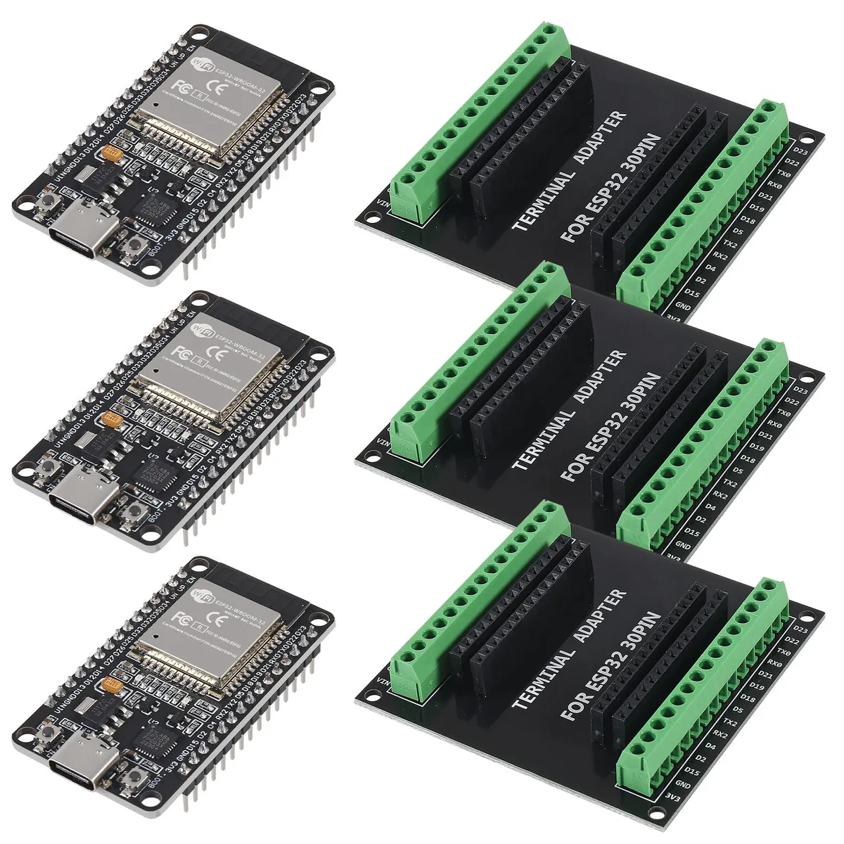 KEHIPI KEHIPI 3 Sets 30PIN ESP32 Type-C CP2102 Development Board + Breakout Shield — product photo