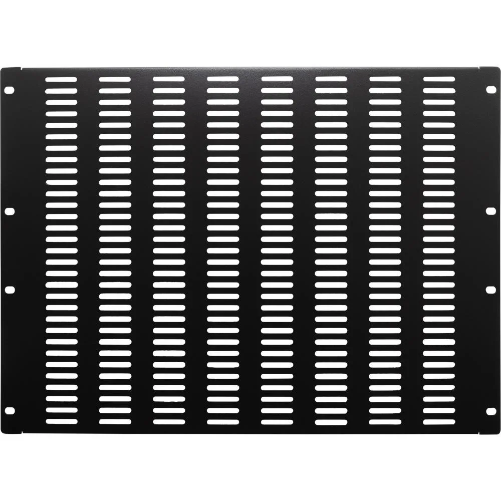 Black 8U rack blank panel with slotted vents, 19 inches wide by 14 inches high
