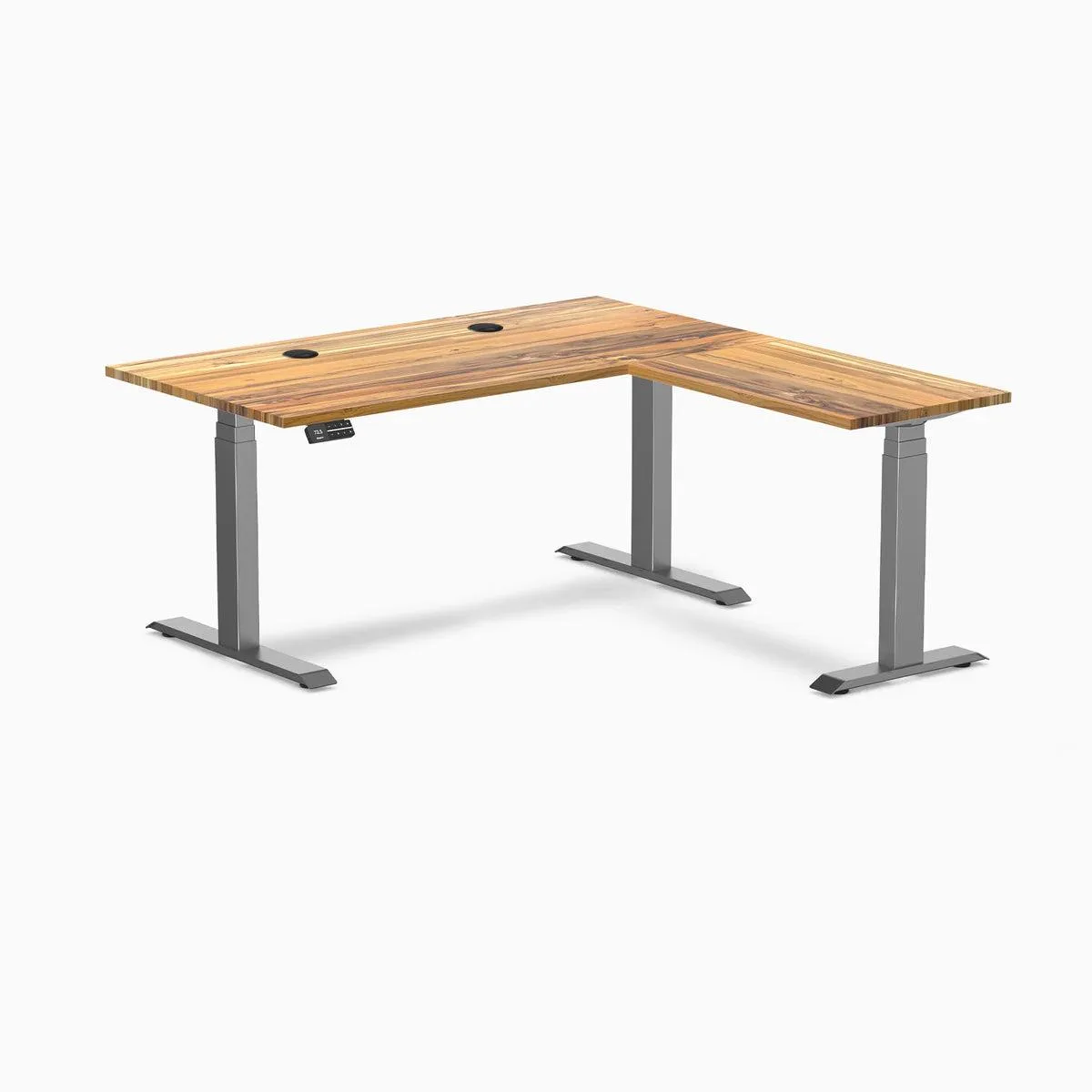 Desky Desky Hardwood L-Shape Sit Stand Desk Teak Space Gray 60 x 30 x 62 x 20 in with Grommets — product photo