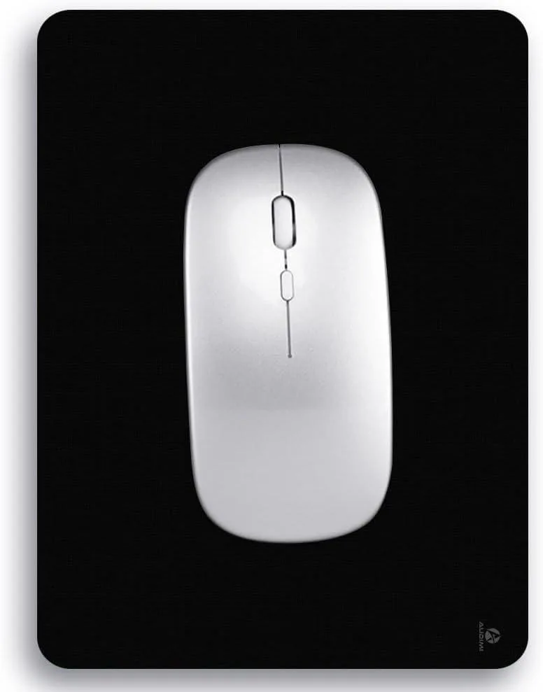 Small rectangular black mouse pad, smooth cloth top, thick rubber base