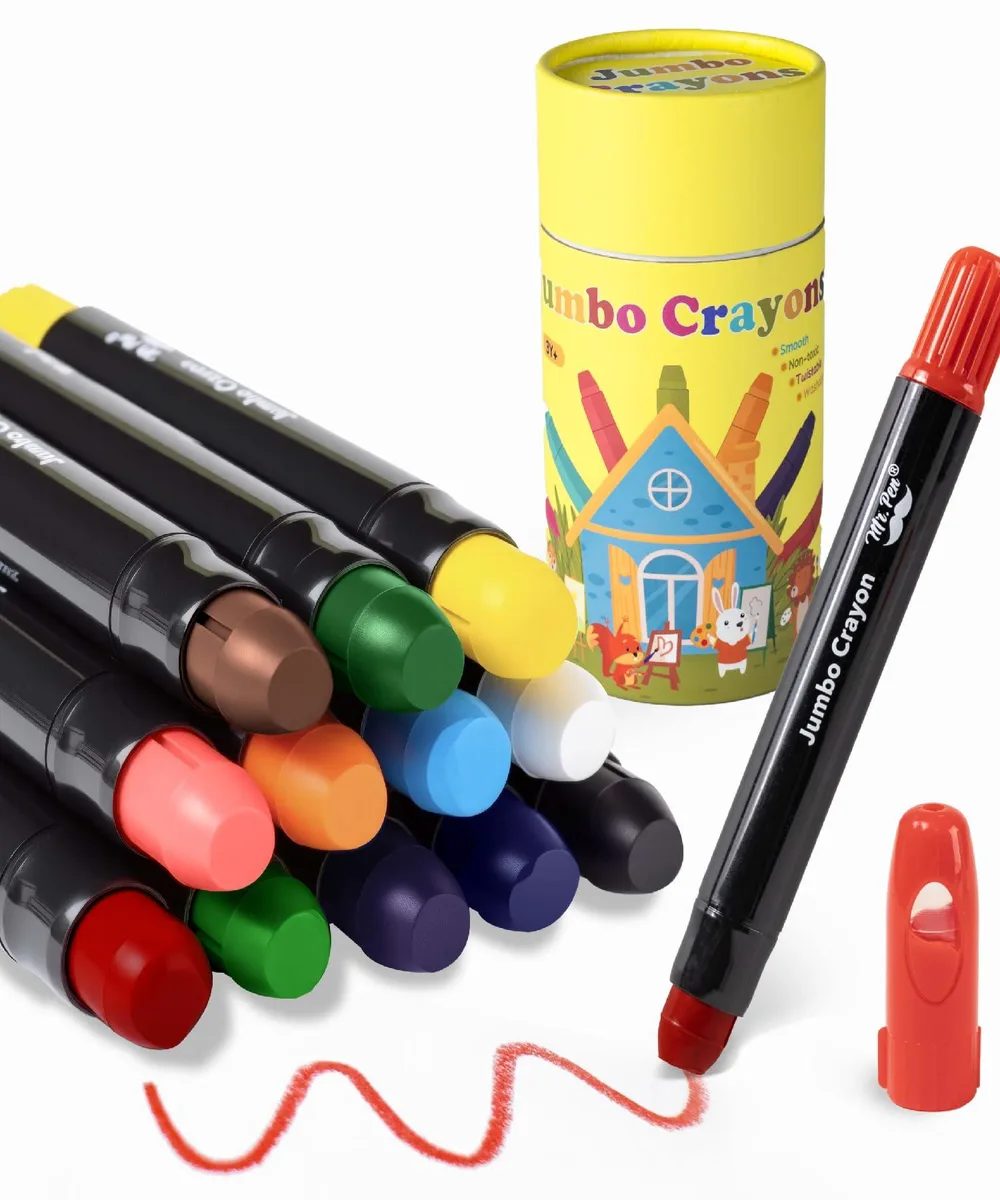 Twelve jumbo twistable crayons in multicolor plastic barrels, packed in a rectangular box