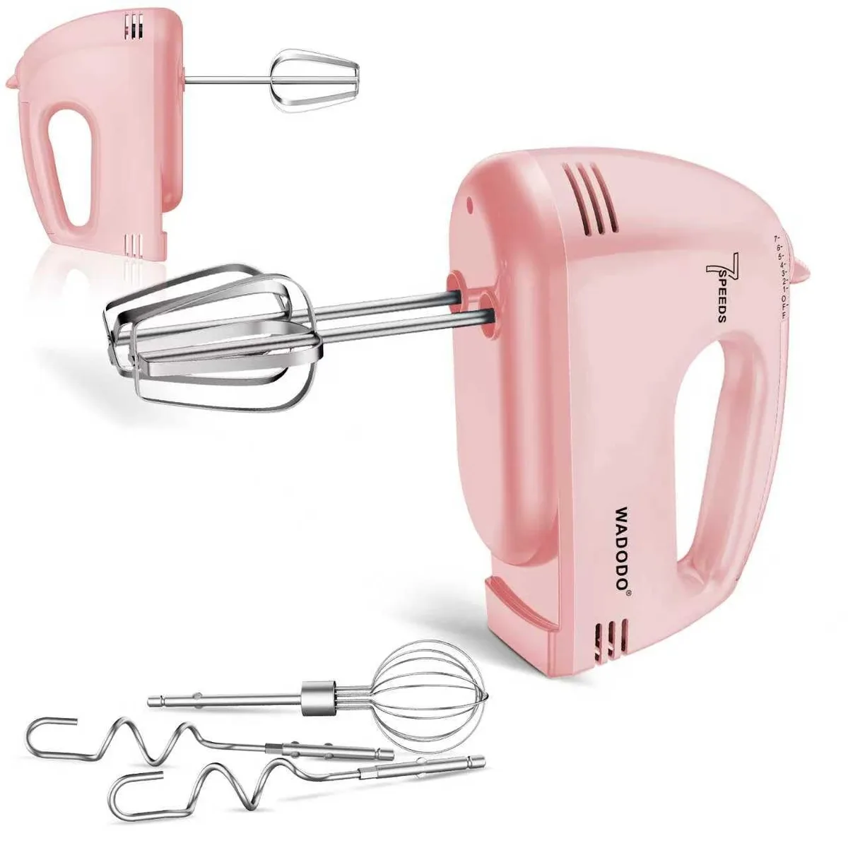  7-Speed Electric Hand Mixer Pink 304 Stainless Steel Attachments — product photo