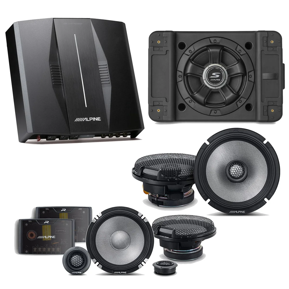 Alpine Alpine PXE-C80-88 OPTIM8 8-Channel Amplifier Bundle with SS-SB10 10" Subwoofer, R2-S652 &amp; R2-S65 Speakers — product photo