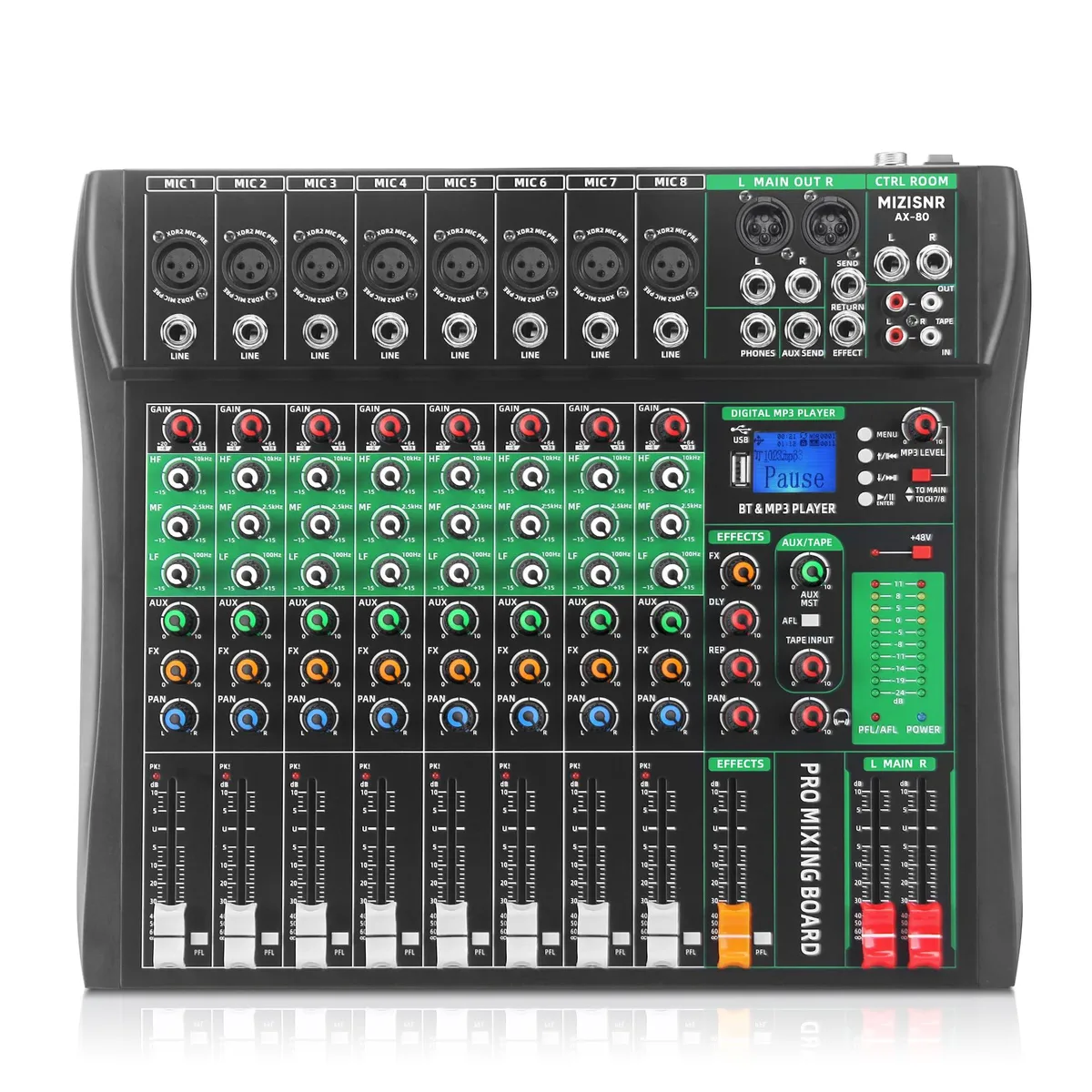  MIZISNR AX-80 8-Channel Audio Mixer Bluetooth USB 48V Phantom Power — product photo