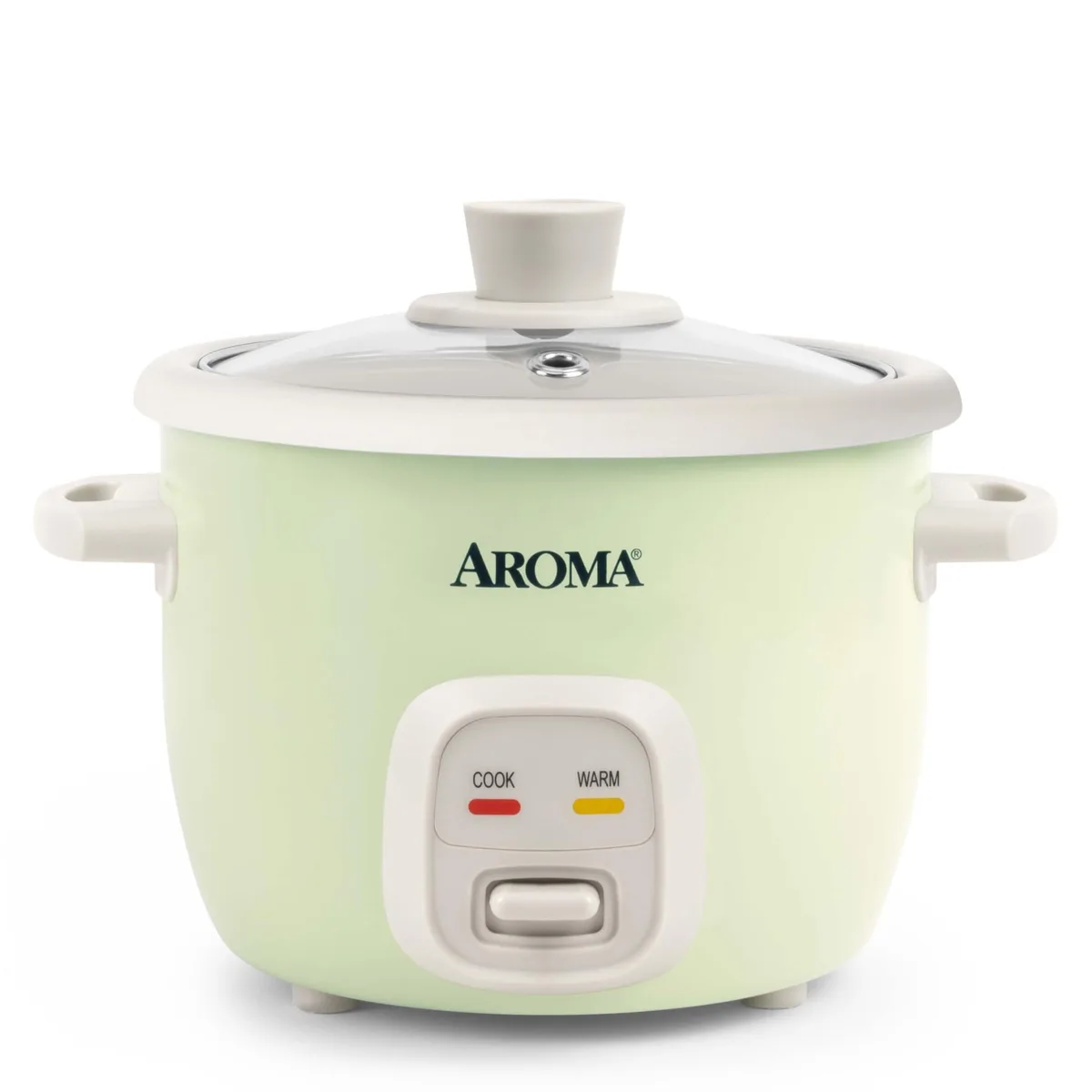 Compact light-green rice cooker with glass lid