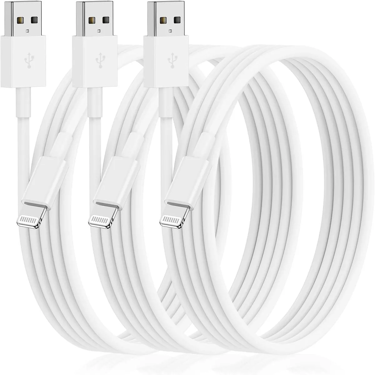 Three white Lightning to USB-A cables coiled together, each ten feet long