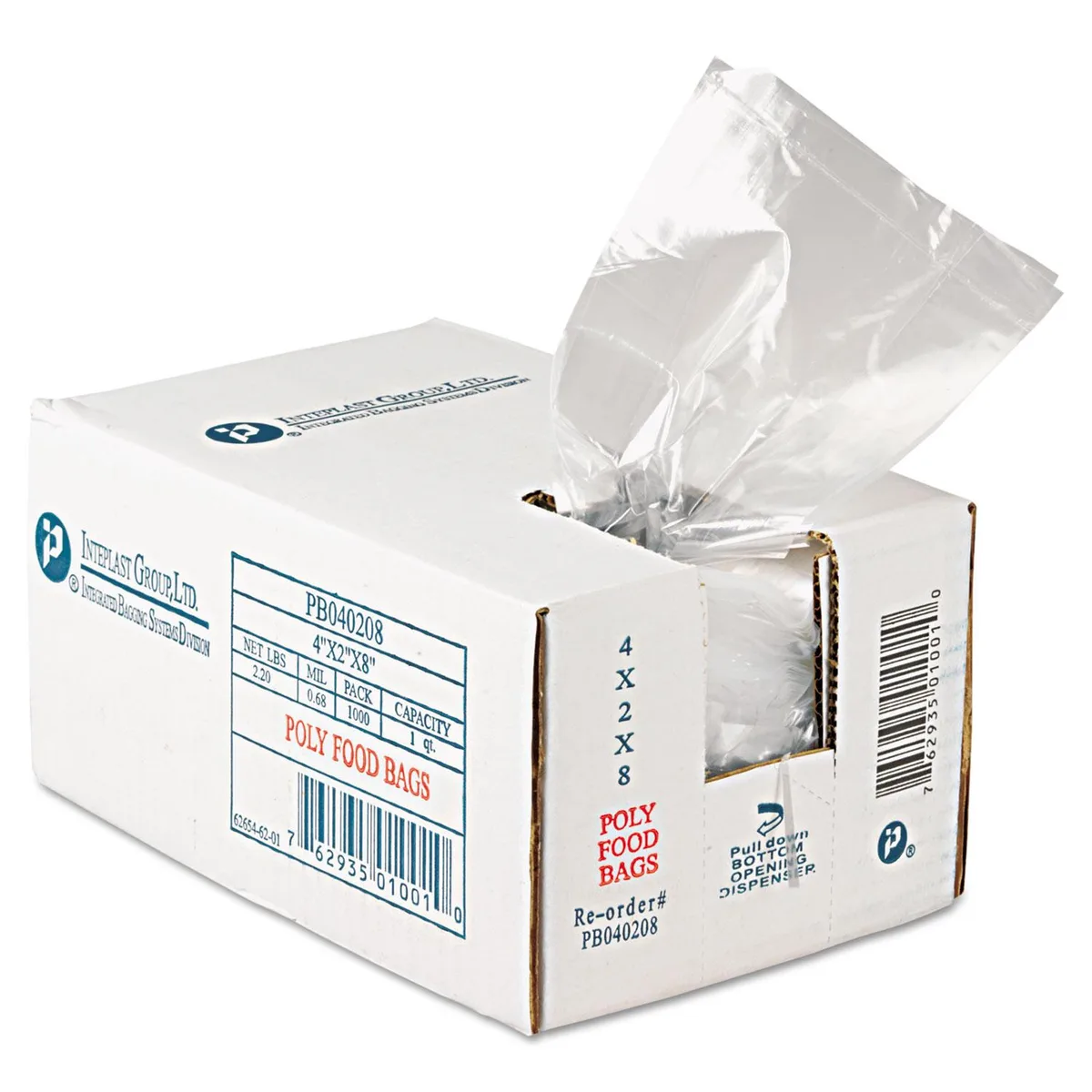 Clear poly food bag, 4 by 2 by 8 inches, glossy finish, clam-shell carton
