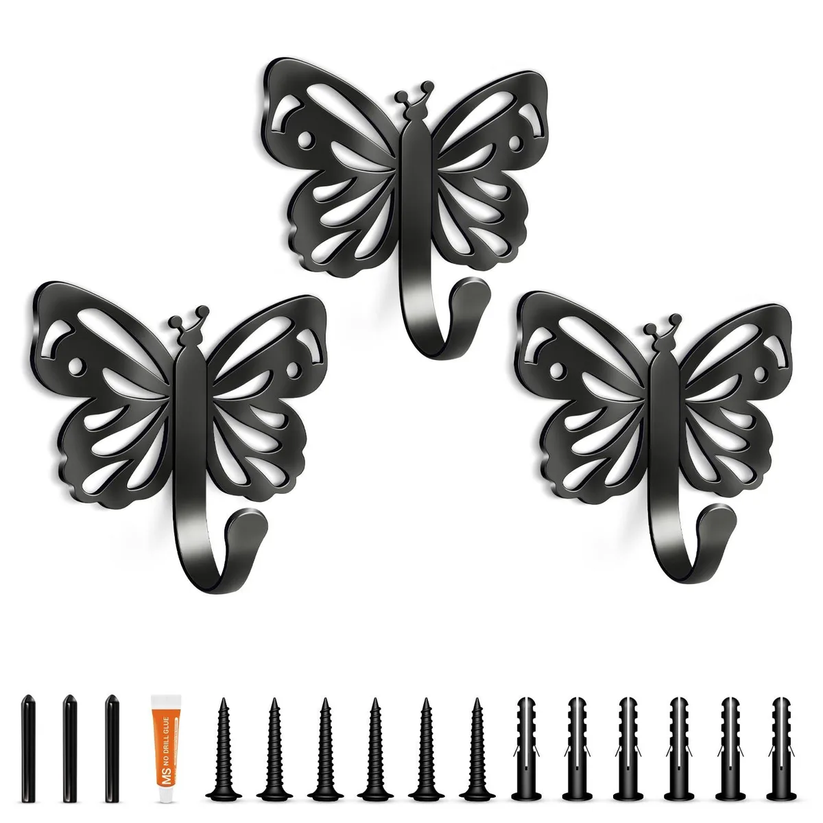 Butterfly-shaped metal hook with screw and adhesive mounting options