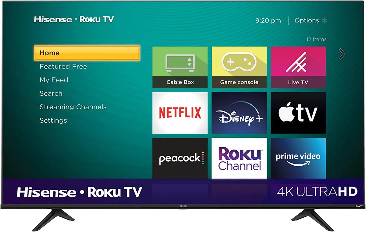 Black 65-inch flat-panel LED TV on a stand, slim bezels, matte finish