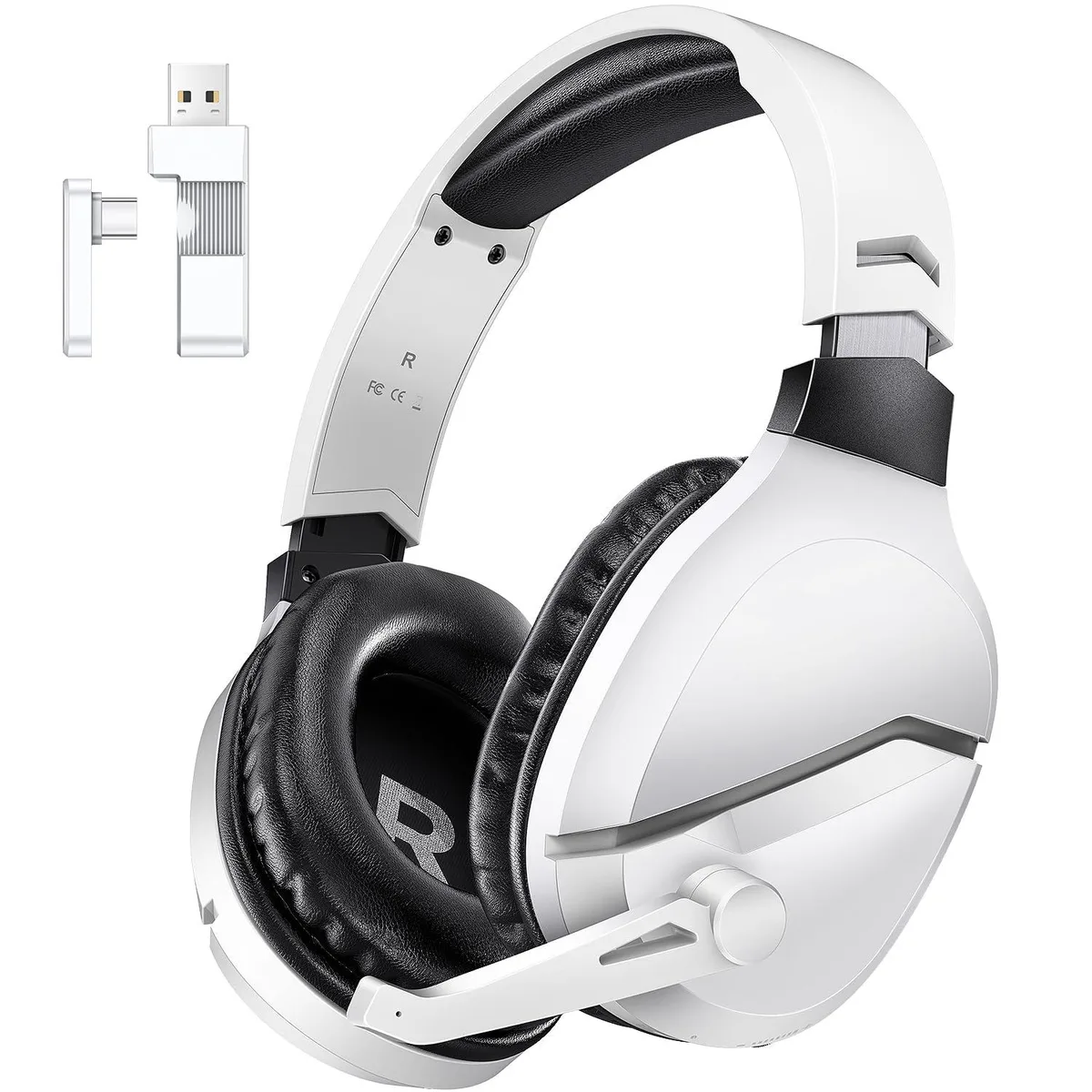 White over-ear gaming headset with adjustable headband and flexible microphone