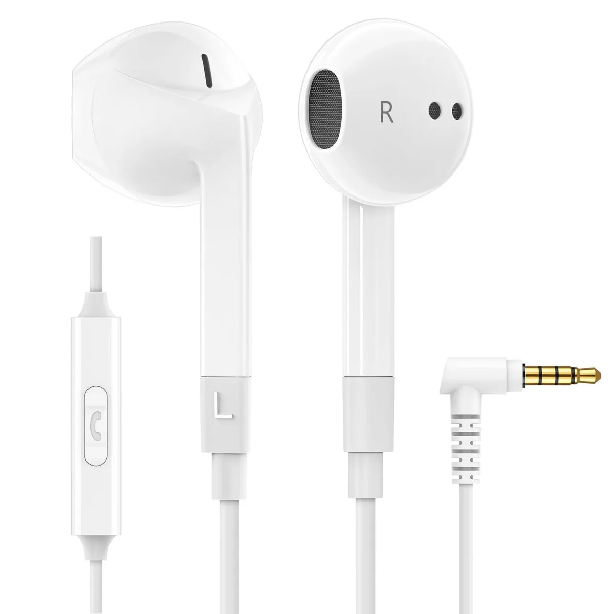White wired in-ear earbuds with microphone and 3.5mm plug