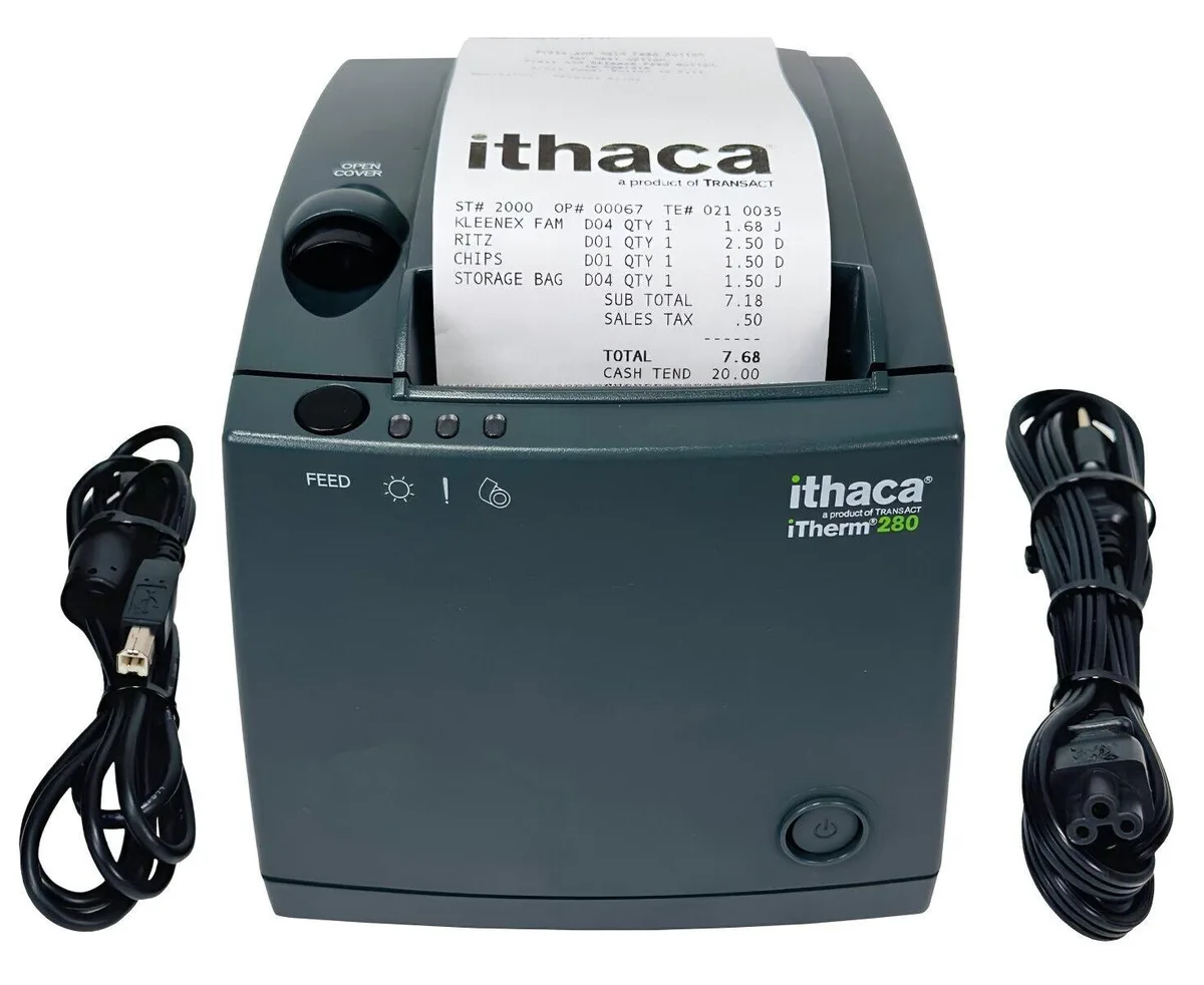 Compact thermal kiosk printer in light grey plastic with paper slot and USB cable