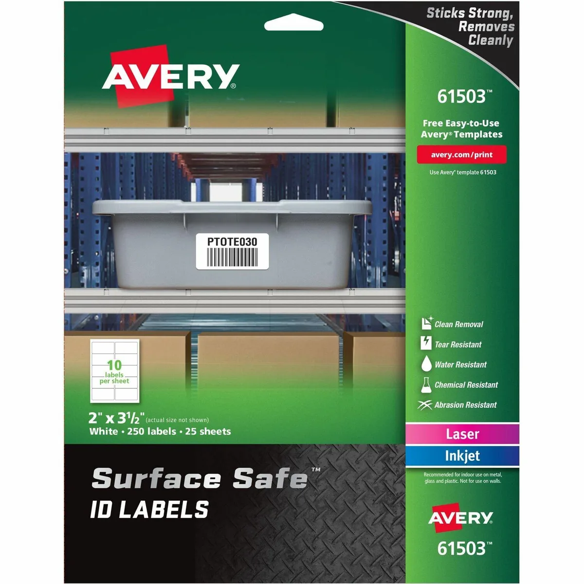 Avery Avery Surface Safe ID Labels 2" x 3.5" White Removable 250pk 61503 — product photo