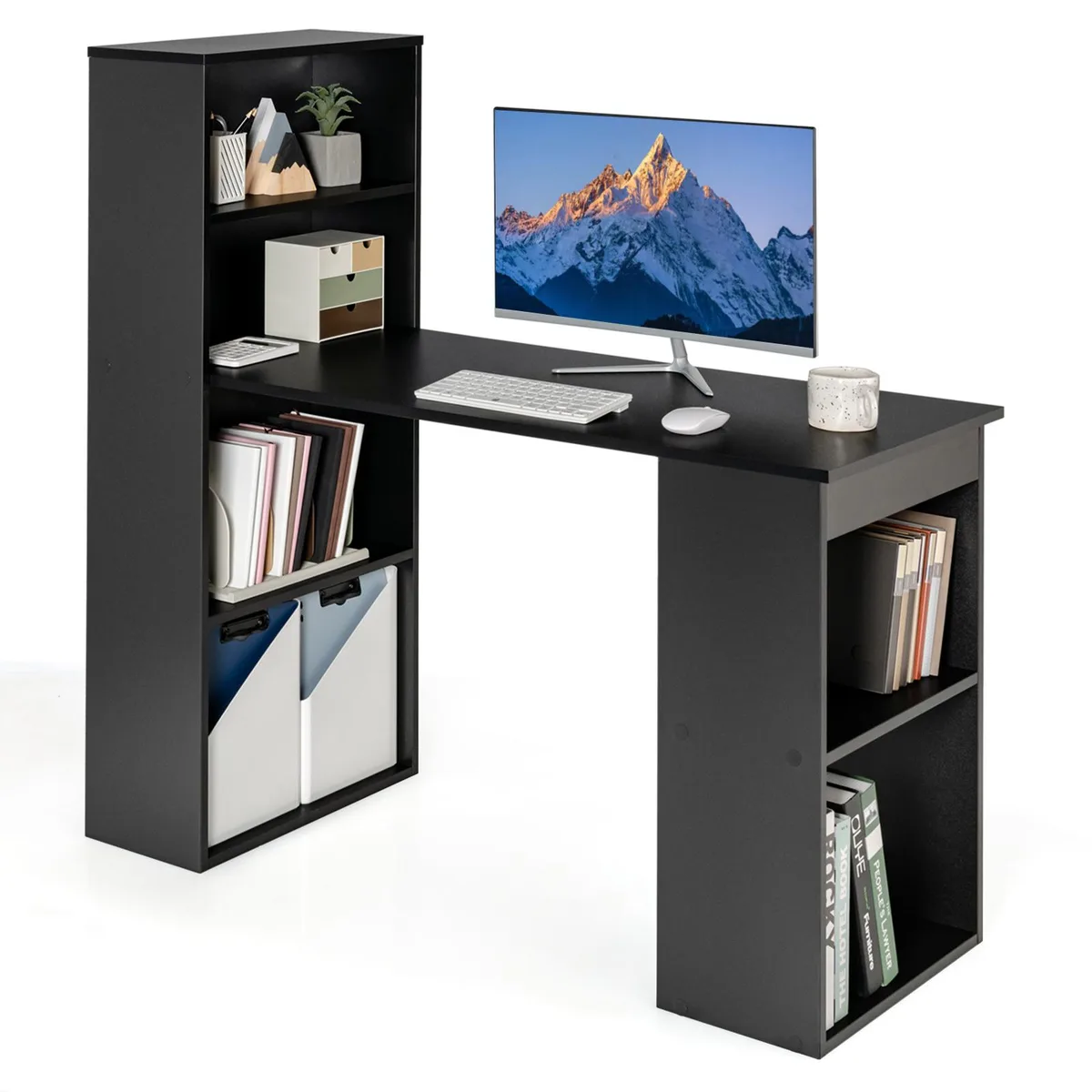 Black rectangular desk with six tiered shelves on both sides, engineered wood finish