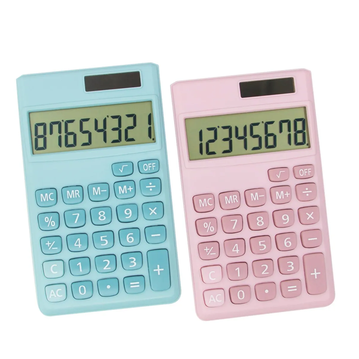 Two pink and blue pocket calculators with eight-digit LCD displays