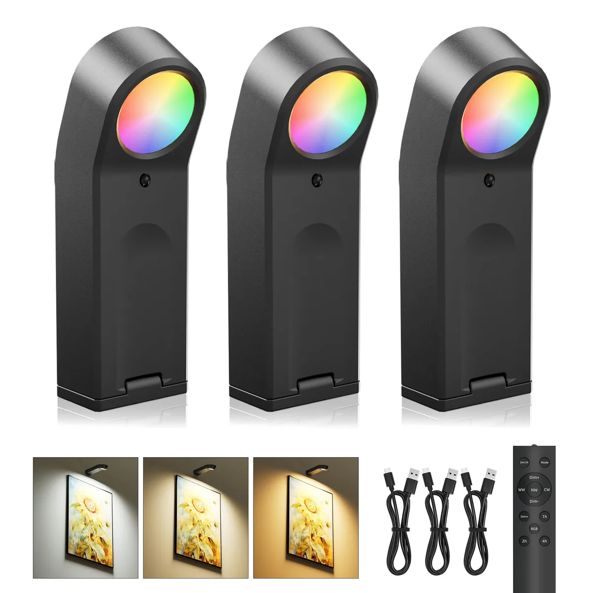 Three white acrylic picture lights with clear prismatic shades and USB-C ports