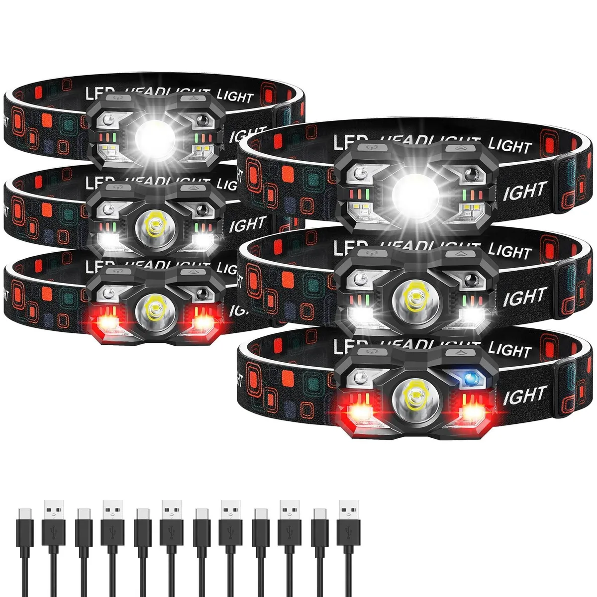 Six compact rechargeable headlamps with adjustable straps and sensor controls
