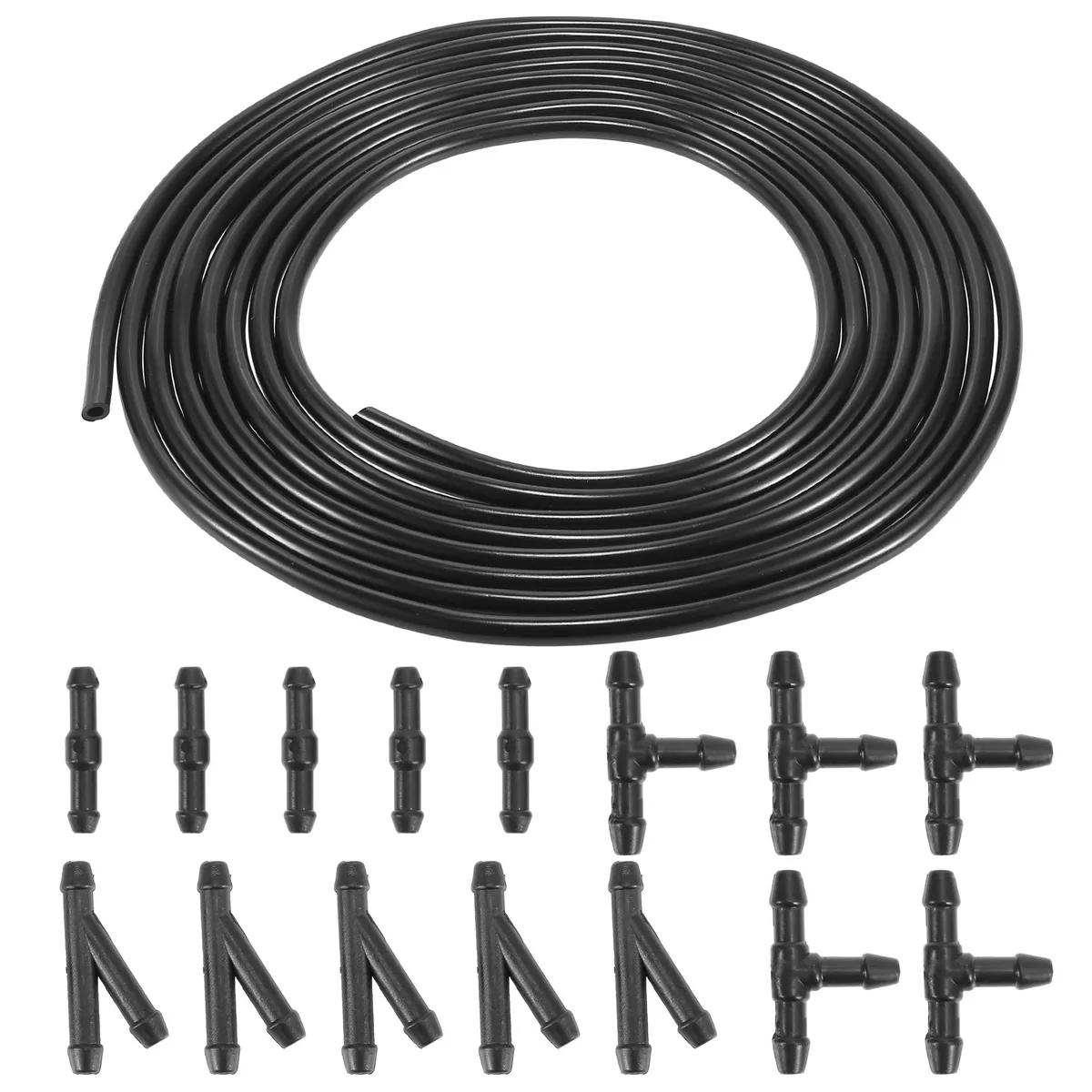 Black rubber washer hose coil with fifteen plastic connectors in Y, T and I shapes