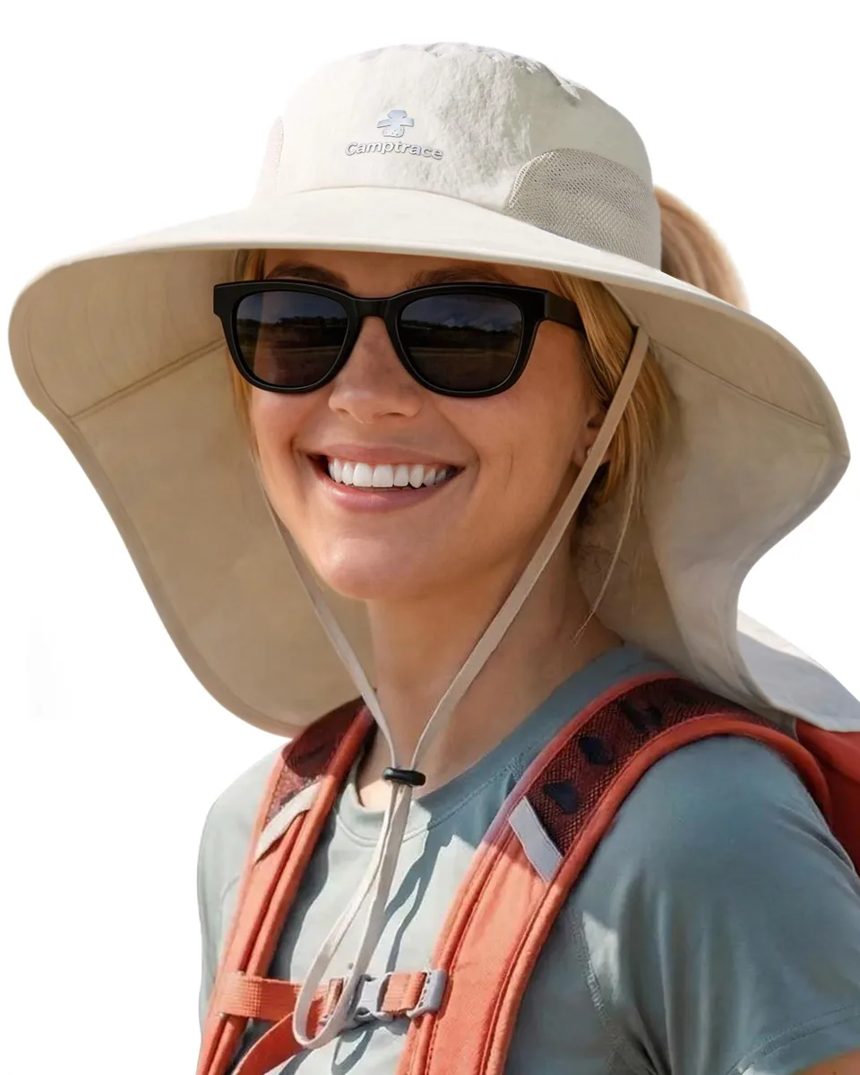  AD013-hat-Beige UPF 50+ Wide Brim Hat with Neck Flap Beige — product photo