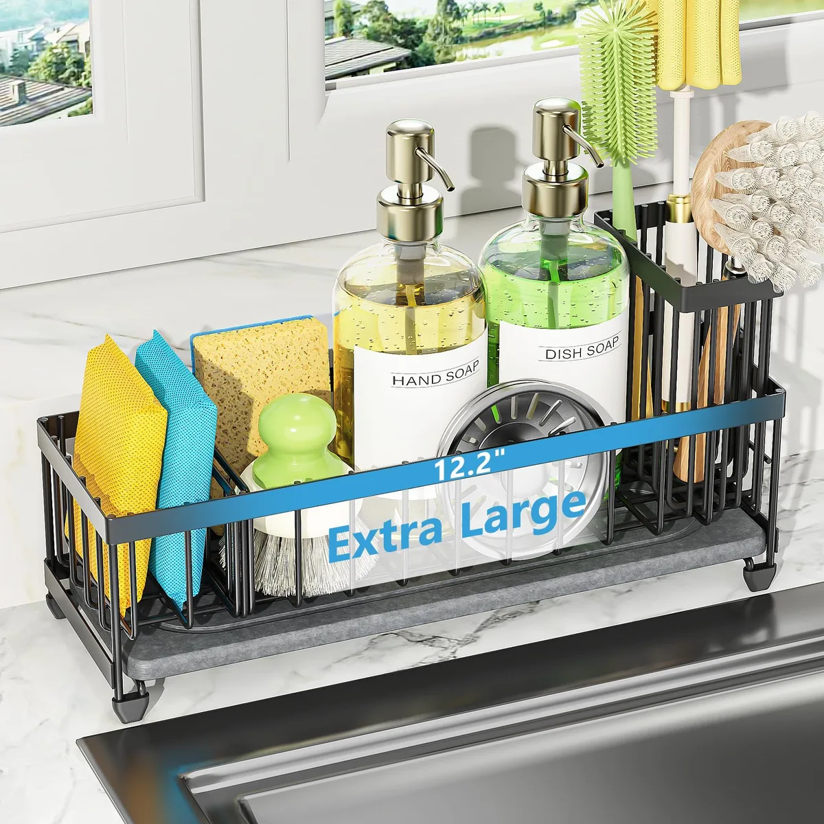 Black extra large sink caddy with diatomaceous earth drying stone base, adjustable divider and brush holder, non-slip silicone feet