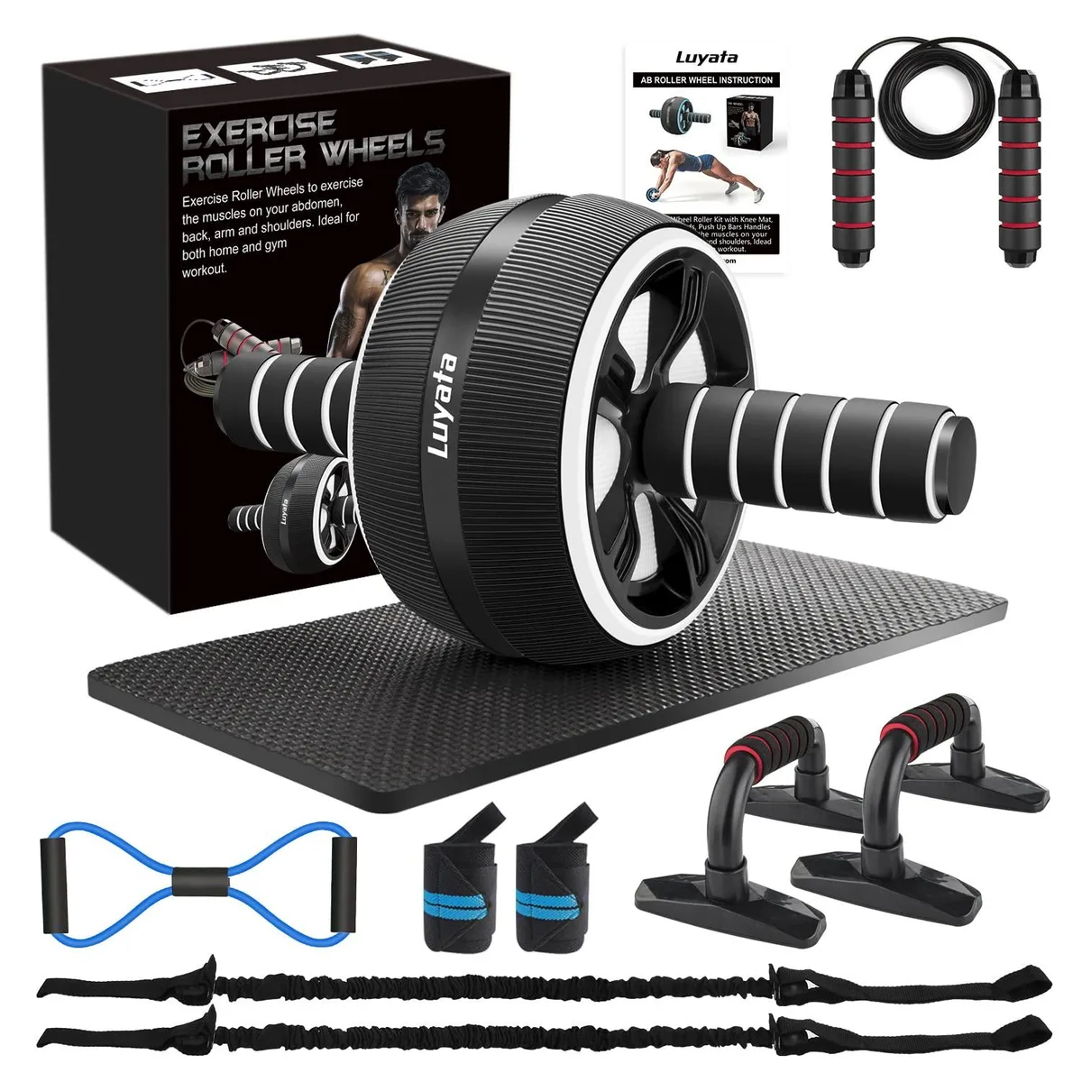 Black ab roller wheel with wide rubber tread, stainless steel core, foam knee mat, push-up bars, wrist wraps