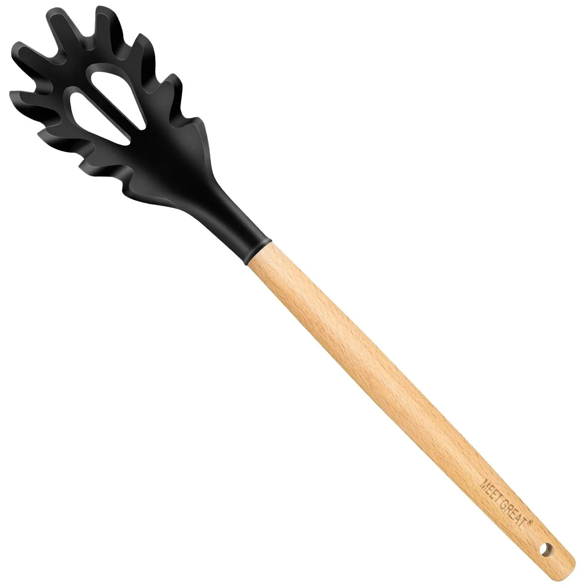 Black silicone pasta fork with perforated head and light wood handle