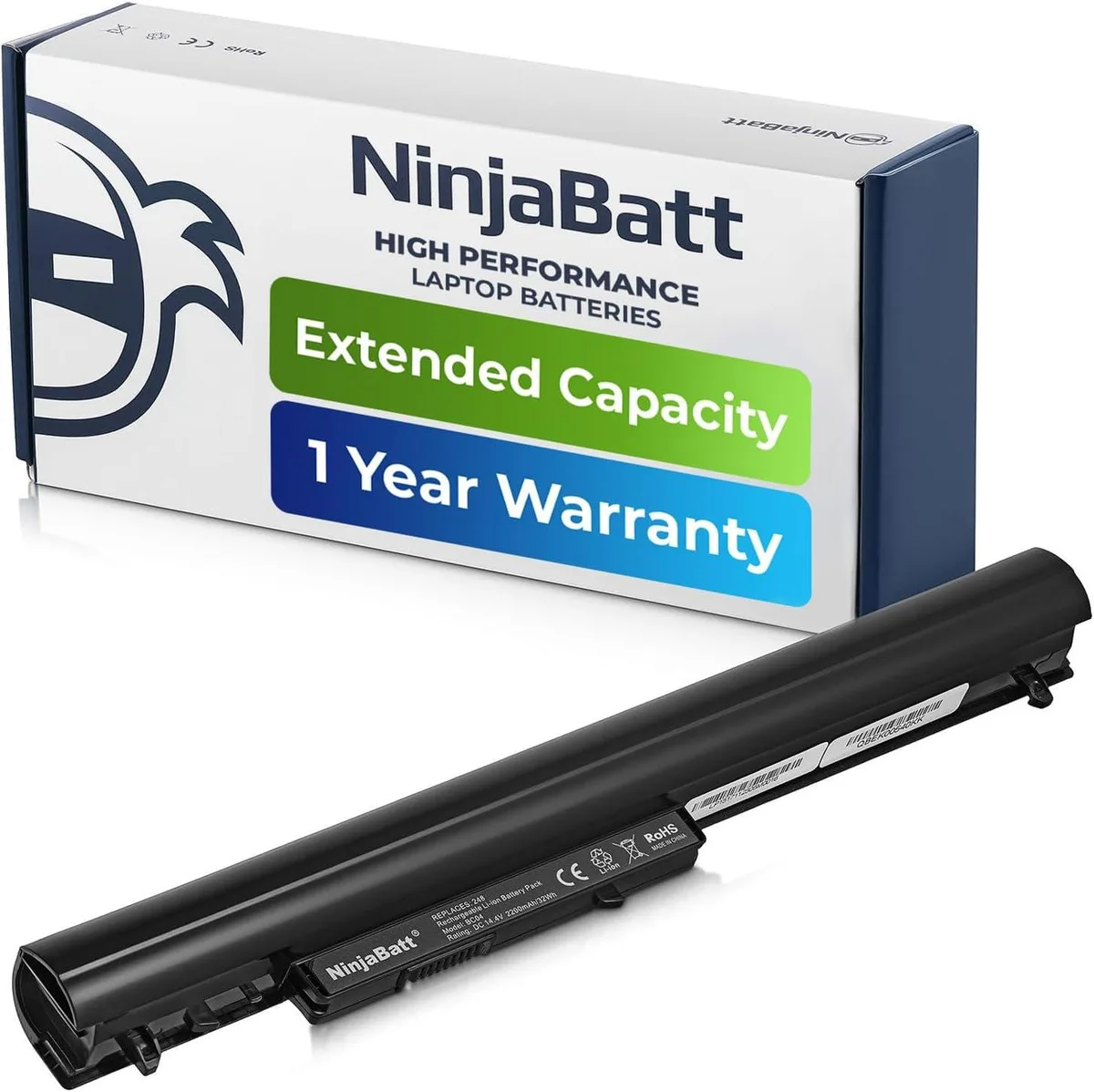 Rectangular black lithium-ion laptop battery with four cells and label showing 32Wh 14.4V