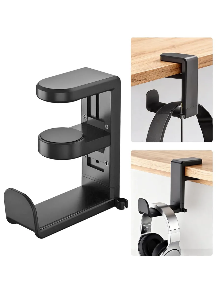 Black desk clamp with curved headphone arm and 360° rotating joint