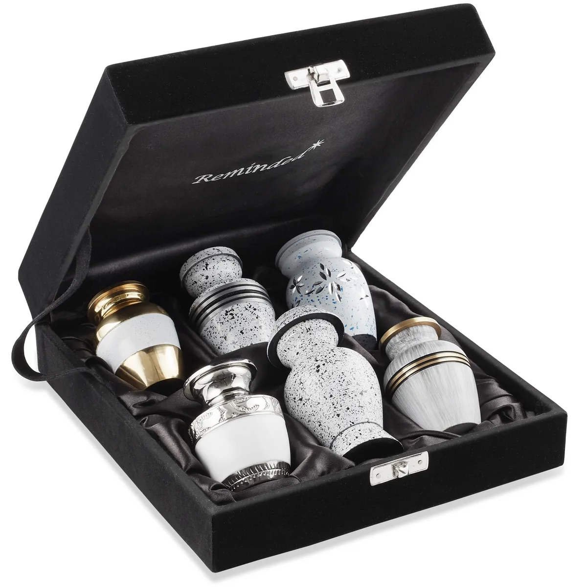 Reminded Reminded Small Keepsake Cremation Urns Set of 6 Silver Gold with Velvet Case Bags — product photo