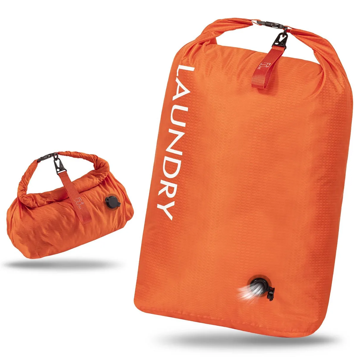 Large orange nylon travel laundry bag with roll-top buckle closure and carry strap