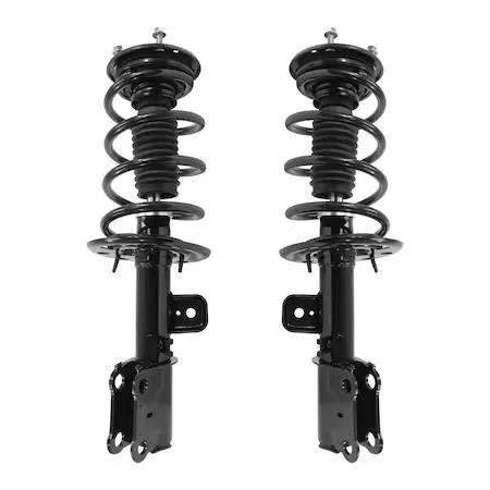 A pair of silver front strut assemblies with black coil springs and mounting hardware