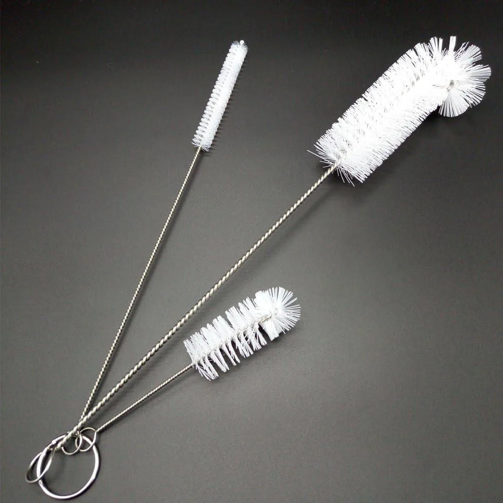 Three nylon bottle brushes with stainless steel handles in 280, 210 and 90 mm lengths