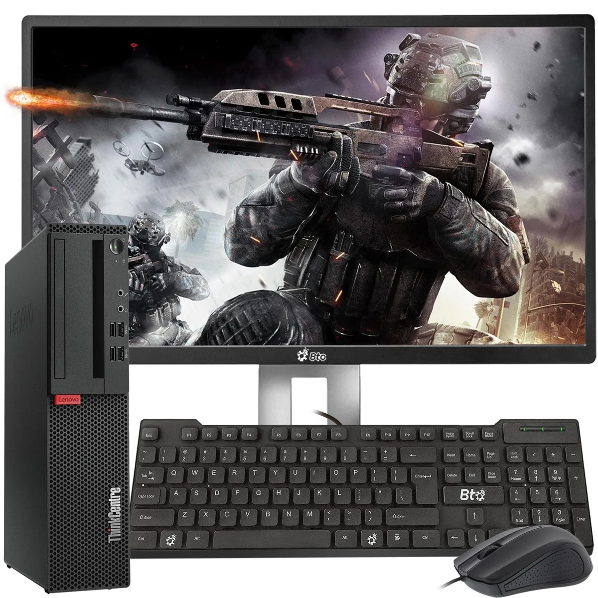 Lenovo Lenovo ThinkCentre M700 desktop PC i5-6500 16GB 512GB GTX 1050 Ti 24" monitor — product photo