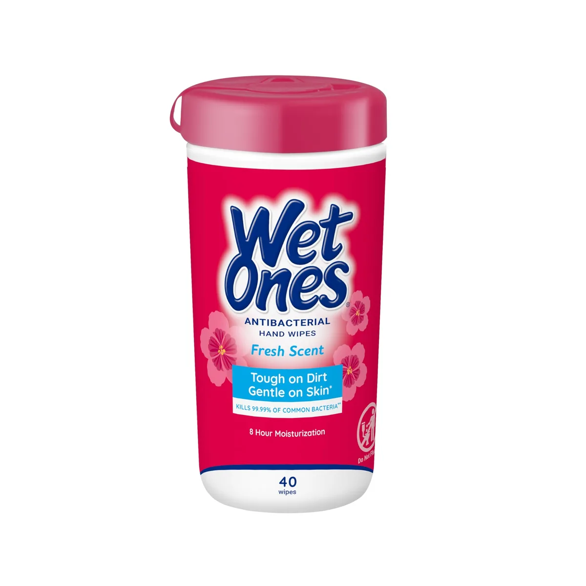 White cylindrical canister with flip-top lid, 40-count antibacterial wipes inside