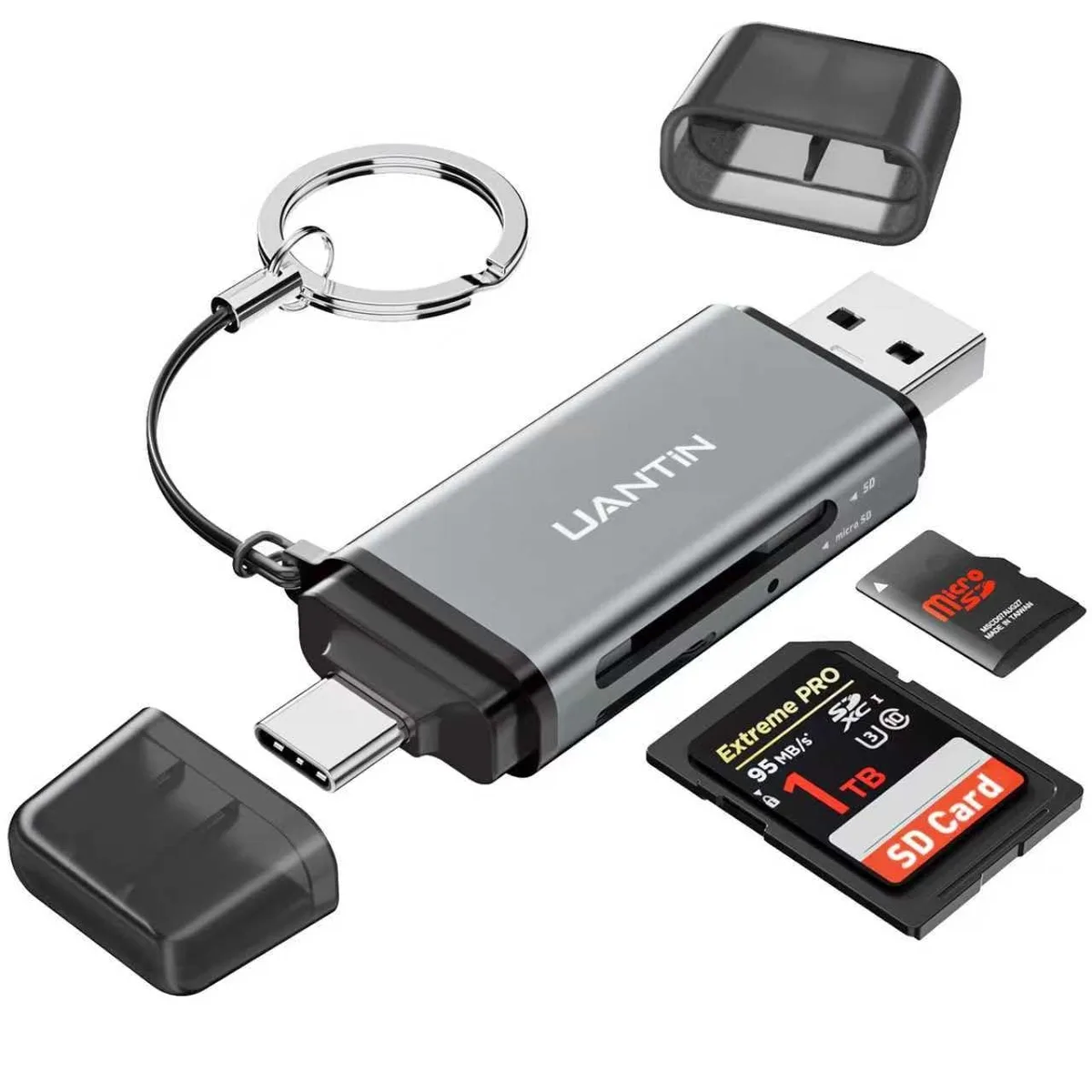  UANTIN SD/Micro SD Card Reader USB-C USB-A Dual Slot Grey — product photo