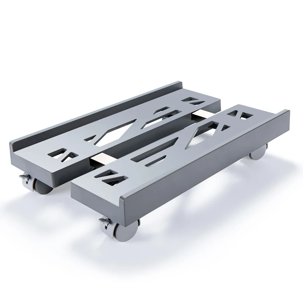 Gray metal frame on four caster wheels, perforated base, adjustable width, dual guardrails
