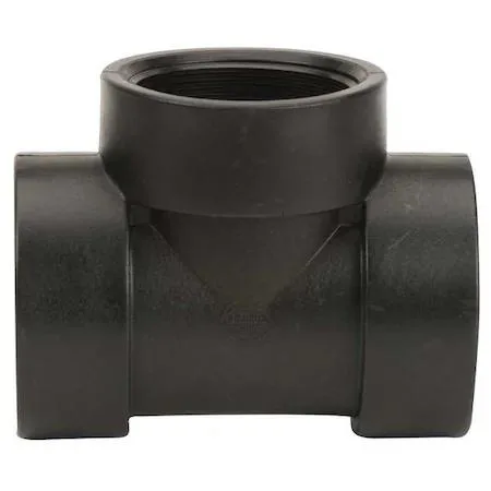 Black polypropylene Schedule 80 tee fitting with three FNPT ports