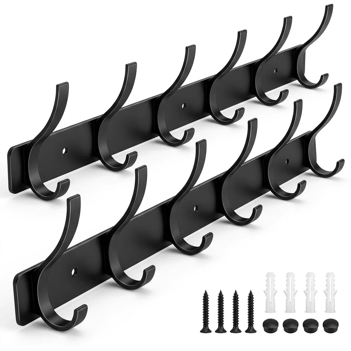 Two black metal coat racks, each 14.5 inches long with six double hooks
