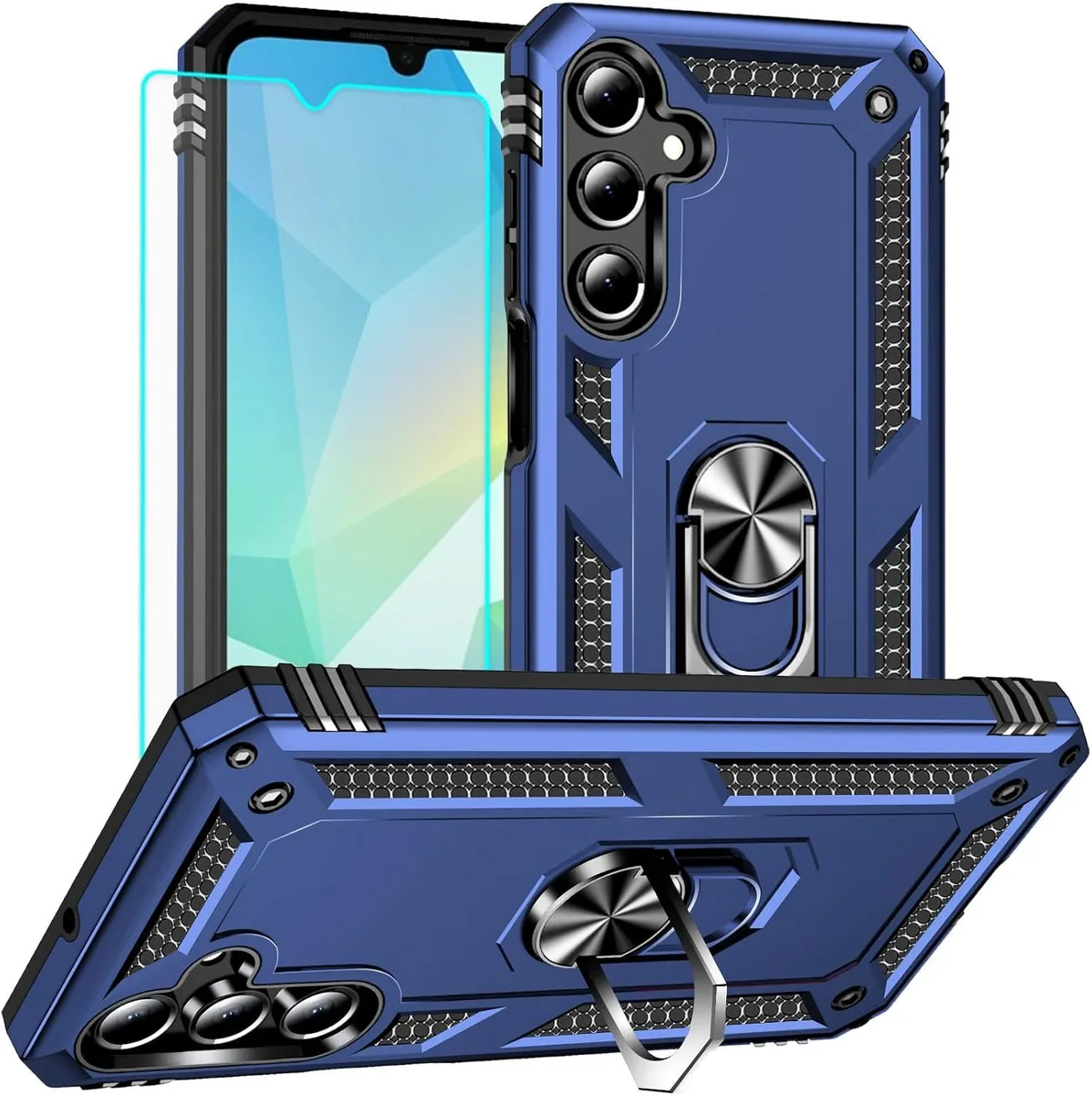 Blue protective case with built-in ring kickstand and screen protector for Galaxy A16 5G