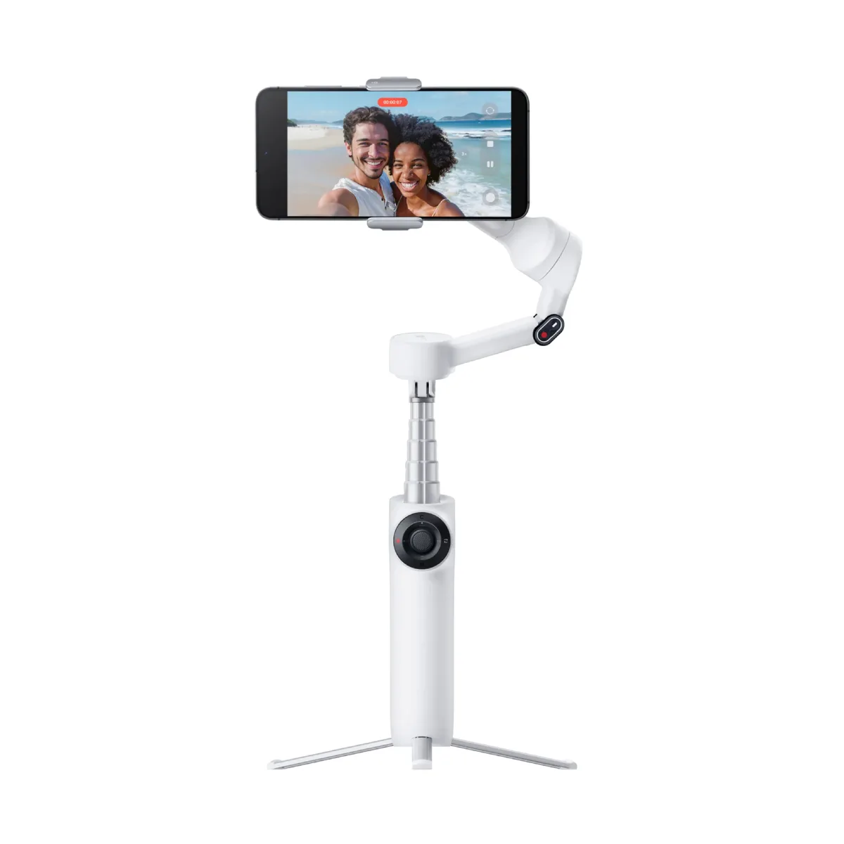 White folding smartphone gimbal with built-in tripod legs and extendable selfie stick, magnetic phone clamp attached